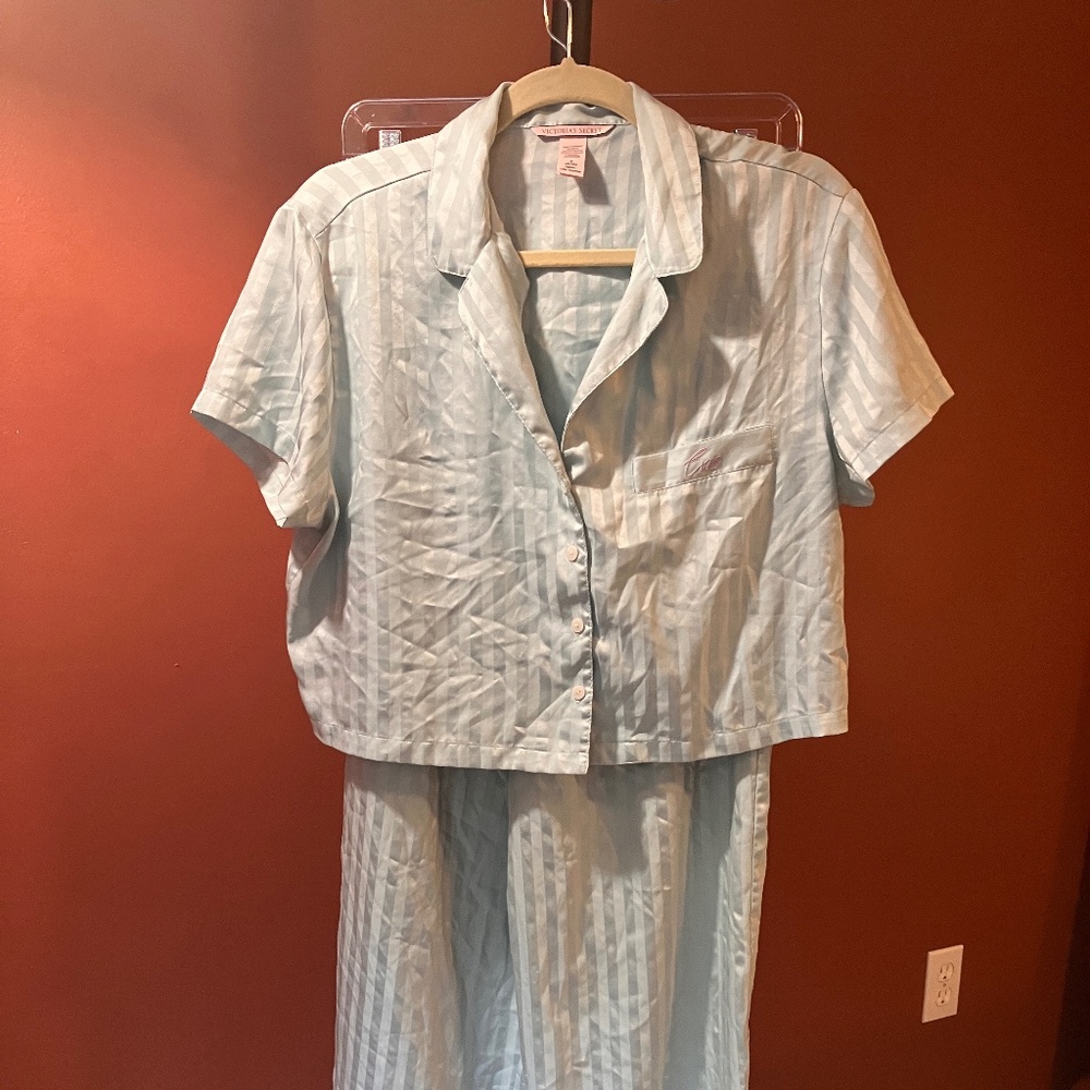 Victoria’s Secret satin size M light teal striped short sleeve pajamas